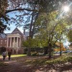 Trees on Randolph's front campus provide vibrant colors during the fall